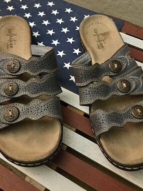 Clarks Brown Perforated Triple-Strap Slide Sandals with Decorative Buttons